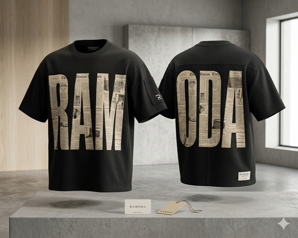 basic oversize black with RAMODA design in newspaper lettering