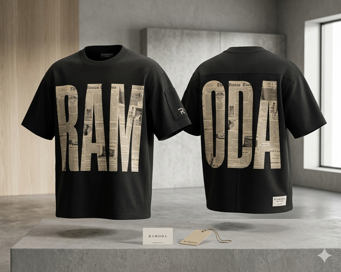 basic oversize black with RAMODA design in newspaper lettering