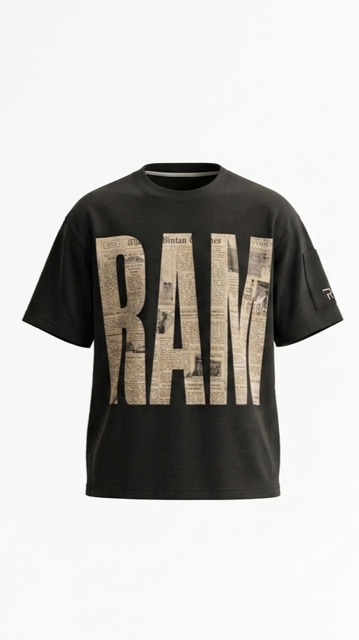 basic oversize black with RAMODA design in newspaper lettering
