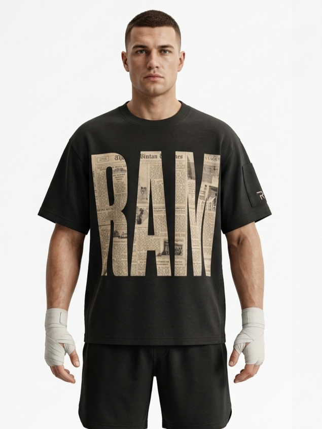 basic oversize black with RAMODA design in newspaper lettering