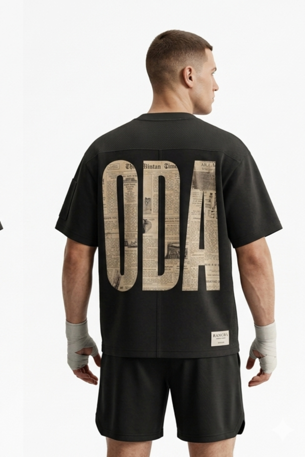 basic oversize black with RAMODA design in newspaper lettering
