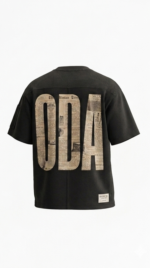 basic oversize black with RAMODA design in newspaper lettering